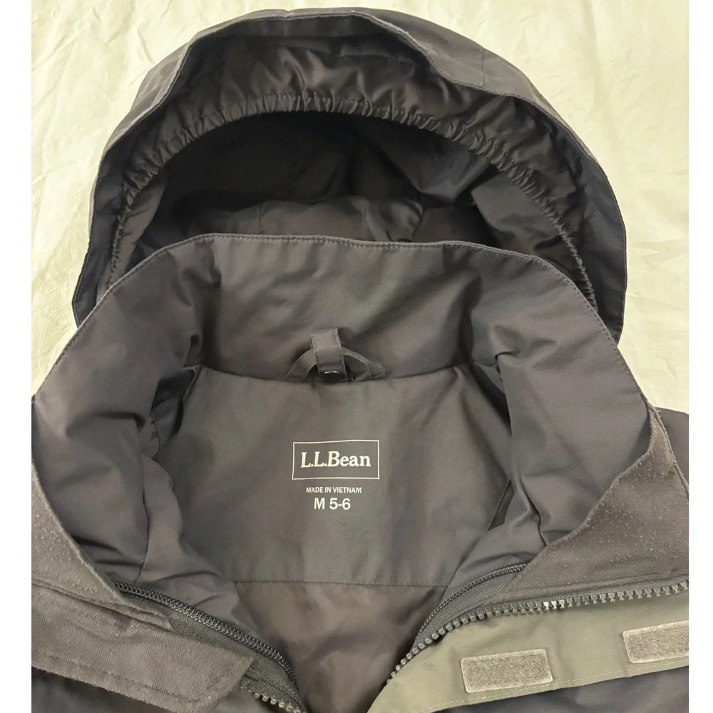 LL Bean Kids Rain Jacket Gray Lime Green Hooded Full Zip Coat Reflective SZ 5-6